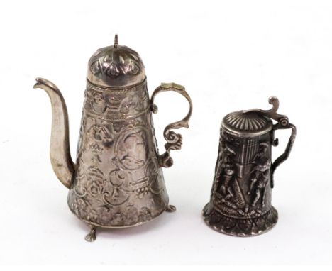 A Dutch miniature silver coffee pot, circa 1900, of conical shape with pull-off cover, embossed around the sides with two por