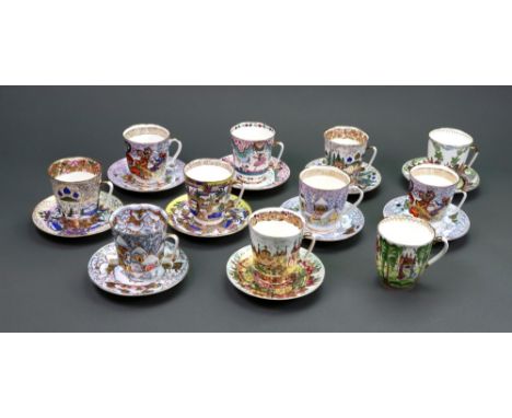 Eleven Lomonosov Russian porcelain coffee cups and ten matching saucers, late 20th century, individually painted with figural