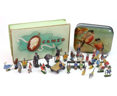 A collection of twenty three painted lead Beatrix Potter figures, three painted lead figures of children on a bench, and othe
