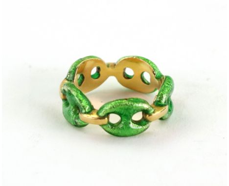 A yellow metal and green enamel anchor-link ring, stamped 750, size JK, 5.6g.