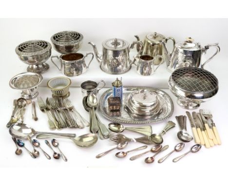 A Victorian electroplate teapot, cylindrical tapering, foliate engraved and various other Victorian and later electroplate in