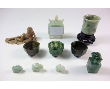 A Chinese miniature polished mottled green jade model of a censer and cover on four peg feet, knop re-stuck, 4cm, a small tur