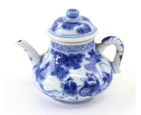 A Chinese miniature blue and white pear shaped teapot and cover, probably Kangxi (1662-1722), each side painted with a figura