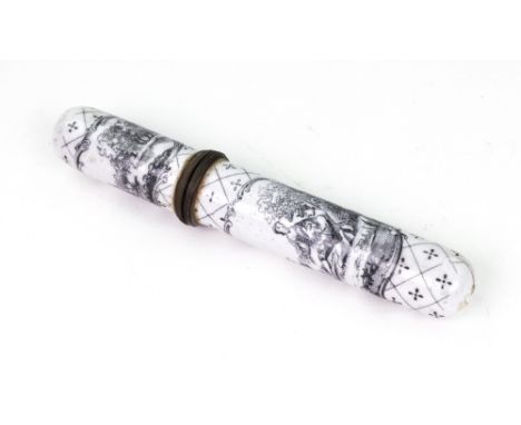 A cylindrical white enamel bodkin case, probably Liverpool, late 18th century, with gilt metal core, rounded ends, the pull-o