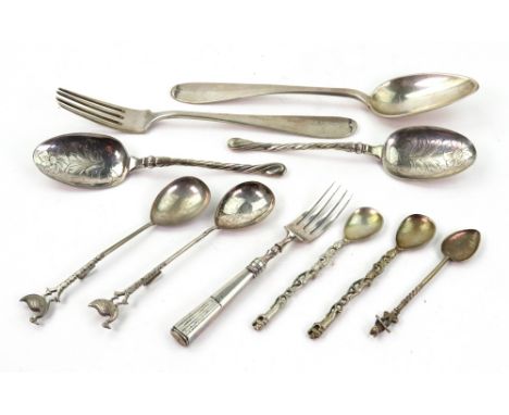 A tablespoon and fork, detailed 800, of Hanoverian pattern, a pair of Dutch 18th century style  spoons, with foliate engraved