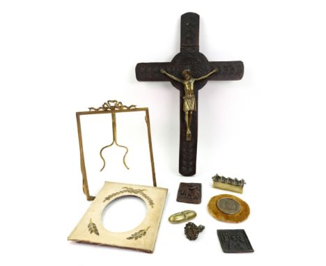 A French gilt metal easel photograph frame, late 19th century, with ribbon tied surmount, sight size 19 x 15cm, a gilt metal 