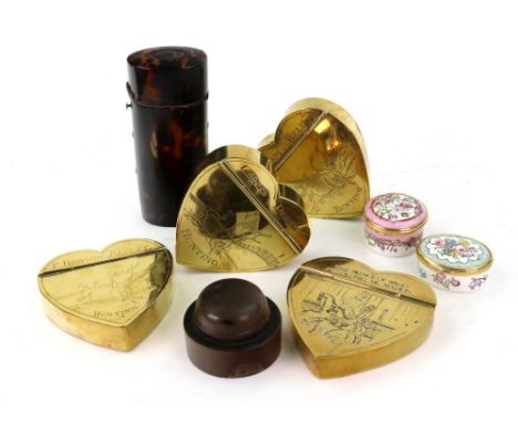 A mounted oval tortoiseshell box, early 19th century, with hinged cover, 12cm high, lacks cartouche, a circular inkwell with 