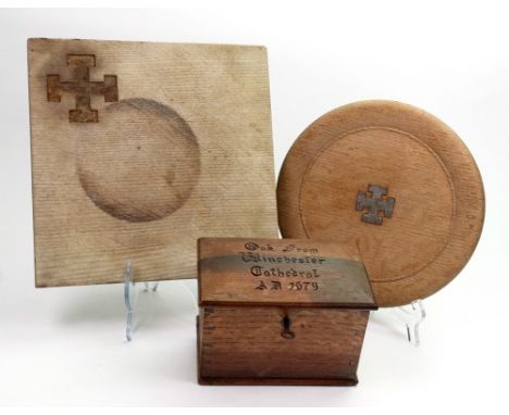 Winchester Interest:  A rectangular box, early 20th century, the domed hinged cover carved 'Oak from Winchester Cathedral AD 