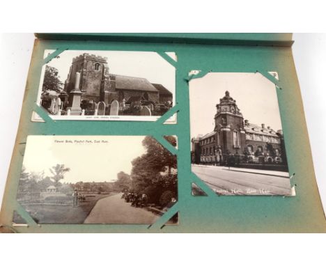 An album containing a large collection of Real Photographic, black and white and coloured postcards including Queen's Cinema 
