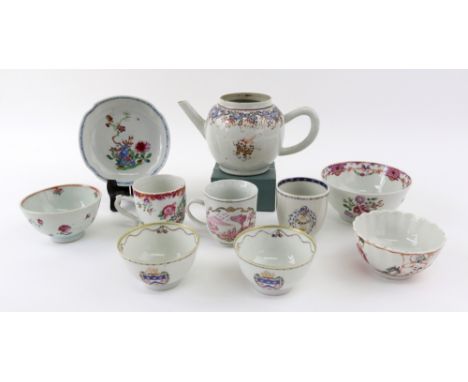 A group of Chinese export porcelains, 18th century, various subjects, comprising: a teapot (lacking cover), two armorial tea 
