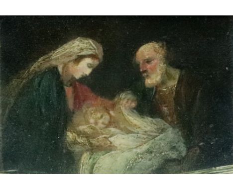 European School, 19th Century, The Holy family, oil on board, 7 x 10.5cm, together with two portrait miniatures of ladies and