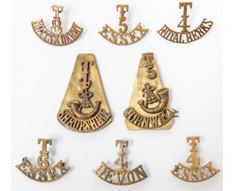 7 Territorial brass shoulder titles: T/4/DEVON;  three piece T/5/ bugle/ CORNWALL on backplate; T/4. T/5 and T/6/ESSEX; 6/8/N