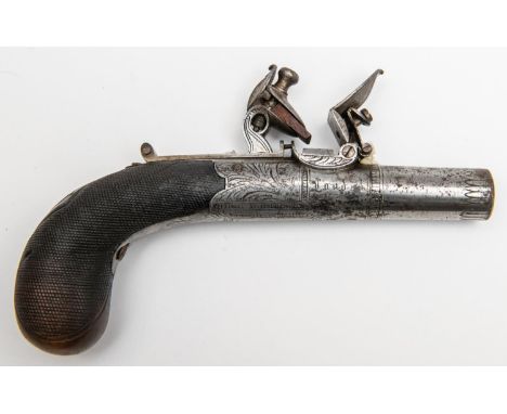 A good quality 46 bore flintlock boxlock pocket pistol c 1820, 6½" overall, turn off barrel 1½", B'ham proved, engraved round