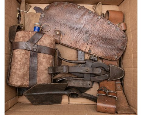 1914 pattern "Kitchener's Equipment" comprising: small pack, water bottle and cradle, waist belt, entrenching tool blade and 