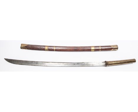 A Burmese dha, plain blade 25½", the hilt covered with engraved sheet brass, in its brass bound wooden scabbard. GC (slight w