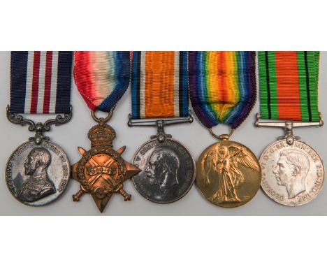 Five: Military Medal, George V first type, 1914-15 star, BWM, Victory (17114 Pte. W Cannon 7/Wilts R), WWII Defence medal. VF