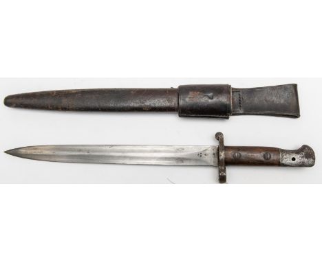 A 1903 pattern sword bayonet, for the SMLE, blade dated 1903; in its leather scabbard with integral frog, stamped RNVR. GC £7