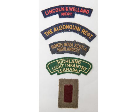 WWII Canadian insignia, printed Lincoln &amp; Welland, Algonquin Regt, North Nova Scotia Highlanders, Highland Light Infantry