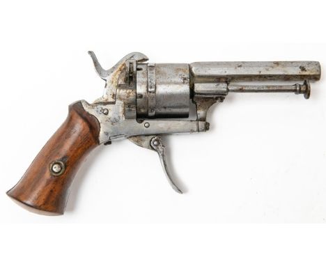 A Belgian 6 shot 5mm pin fire open frame double action pocket revolver, 5" overall, octagonal barrel 2", with Liege proofs, e