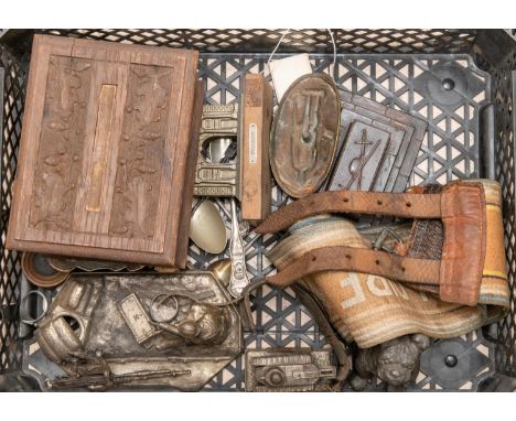 A collection of WWI decorative souvenir items: an allied "Gloire Allies 1914" stable belt; models of French tank, Menin Gate,