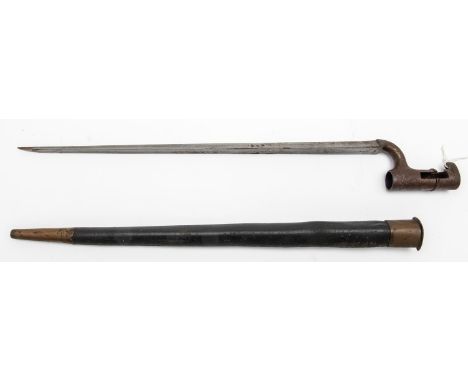 A triangular socket bayonet for the 1853 Enfield percussion rifle, blade 17¼" with inspector's mark, in its brass mounted lea