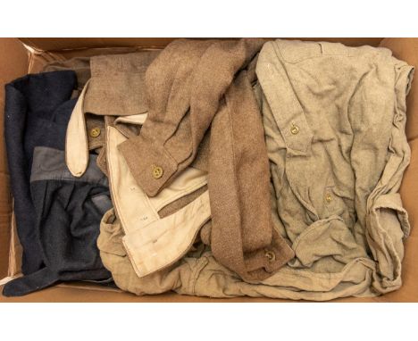 2 Khaki greatcoats, a 1949 patt RA BD blouse; 2 pairs of 1949 patt trousers; a naval ratings uniform comprising cap with HMS 