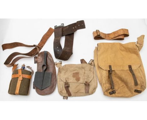 Australian WWI equipment: large pack dated 1916, small pack, pair of cross straps, water bottle and cradle, entrenching tool 