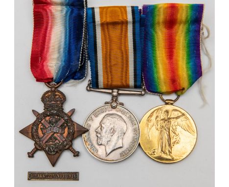 Three: 1914 star with clasp (detached), BWM, Victory (6426 Pte S C Macey, S Gds) VF. Sidney Charles Macey, 1st Bn Scots Guard