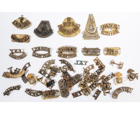 A quantity of metal shoulder titles, including white metal 3 piece T/5/bugle/SOMERSET, T/RFA/HOME COUNTIES, T/15/ COUNTY OF L