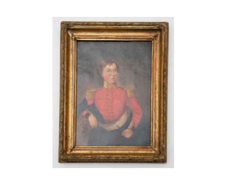 An oil on canvas of an unidentifed youthful mid 19th century officer, in scarlet uniform with high gilt collar, gilt epaulett
