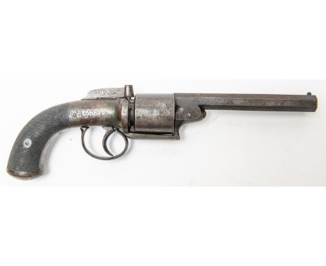 A 6 shot 60 bore self cocking bar hammer open frame transitional percussion revolver, 12½" overall, octagonal barrel 5¾" engr