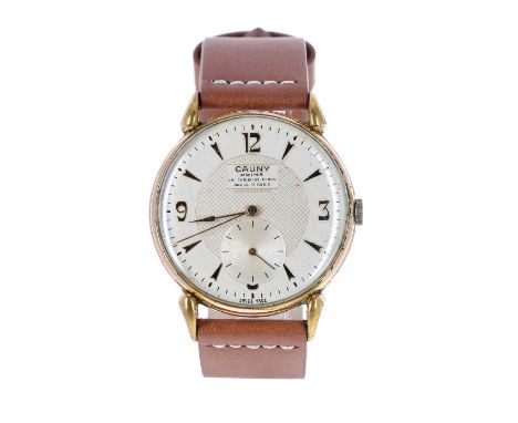Cauny Prima oversized gold plated gentleman's wristwatch, case ref. 11433 176, the silvered dial with exaggerated Arabic nume