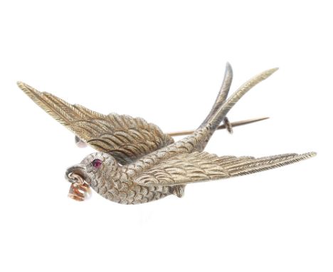 14k swallow bird brooch, with a ruby set eye and seed pearl drop, 4.1gm, 52mm 
