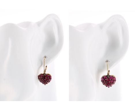 Pair of 9ct ruby heart shaped earrings, 3.9gm, drop 28mm