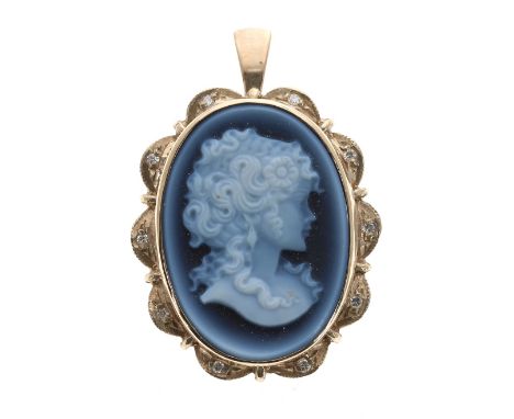 Attractive hard stone cameo pendant/brooch in a yellow metal diamond set mount, depicting a profile side portrait of a lady w