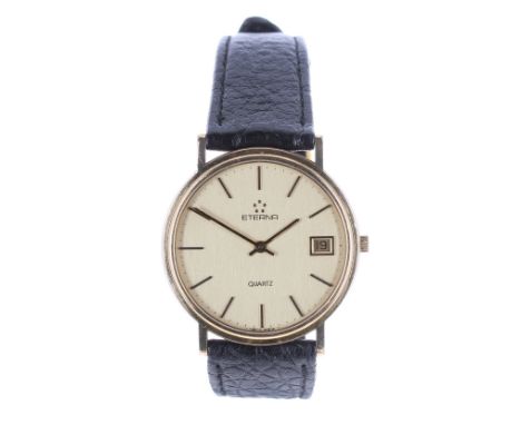 Eterna Quartz 9ct gentleman's wristwatch, champagne dial with baton markers and date aperture, presentation inscribed back, b