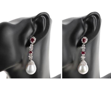 Very attractive and fine pair of 18ct white gold ruby, diamond and pearl drop earrings, with mixed-cut stones over single pea