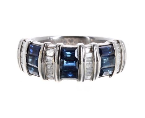 Amoro 14ct white gold sapphire and diamond band ring, set with seven rows of baguette-cuts, 5gm, band width 7mm, signed, ring