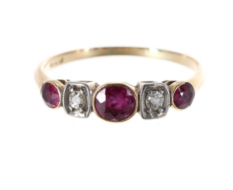 18ct ruby and diamond five stone ring, width 5mm, 1.9gm, ring size N/O