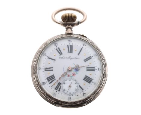 Large Continental silver (0.800) lever pocket watch, attractive white foliate dial with Roman numerals, outer Arabic 24 hour 