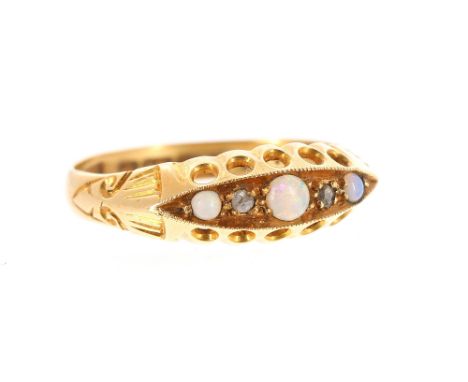 Antique 18ct opal and diamond claw set ring, Birmingham 1912, 2.2gm, width 6mm, ring size M/N