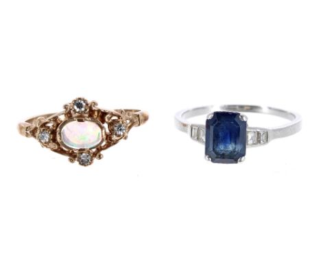 Attractive 9ct opal and diamond ring, 2.2gm, ring size M/N; also a blue stone set white metal ring, 5.2gm (2)