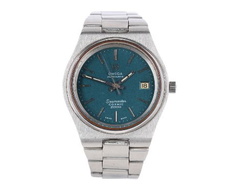 Omega Cosmic 2000 automatic stainless steel gentleman's wristwatch, the egg-shell blue dial with baton markers, sweep centre 