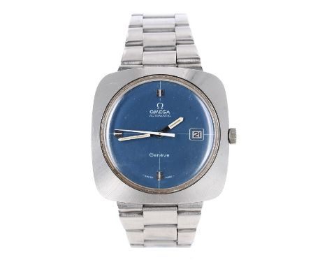 Omega Genéve automatic square cased stainless steel gentleman's wristwatch, circa 1970s, circular blue dial with quarter hour