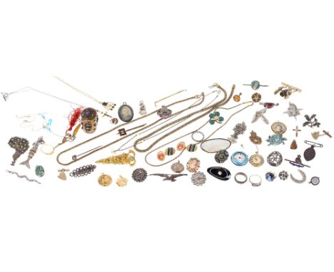 Collection of interesting antique and later jewellery, including a gilt stone set trinket box, gilt turquoise mounted posy br