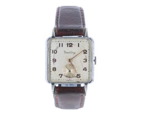 Breitling square cased stainless steel gentleman's wristwatch, ref. 13210, serial no. 410915, circa 1940s, signed silvered di