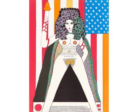 Dorothy Iannone (Boston 1933 – lebt in Berlin). „I lift my lamp besides the golden door“. 1977Farbserigrafie auf Papier.  83,