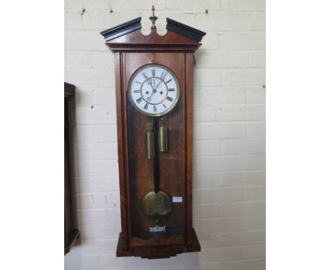 A late 19 Century double weight Vienna wall clock - white ceramic dial, roman numerals, seconds hand, walnut case - 105cm tal