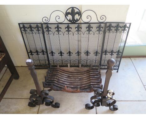 A large wrought iron and cast iron set of fire dogs and fire basket together with a more recent iron fire screen - Fire baske