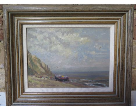 Oil on board signed Keith Johnson - "Fishing Boat on Coastal Shoreline - Figures to background" - Frame size 30x25cm - Pictur
